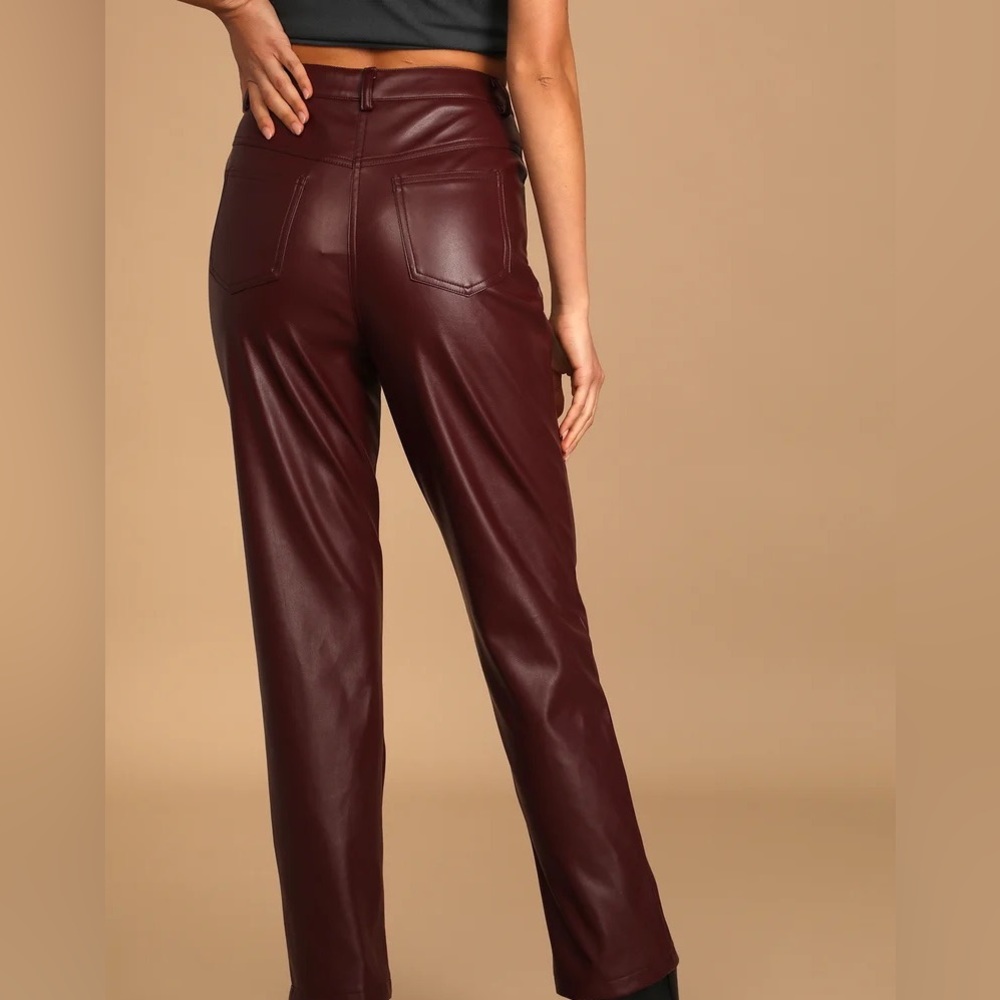 NWT. Lulu’s Burgundy Vegan Leather Straight Leg Pants - Picture 3 of 3